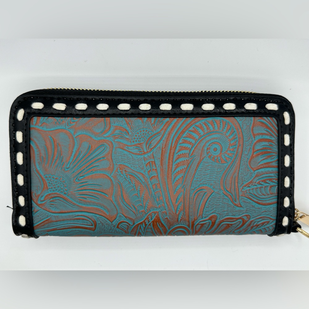 Western Style Floral Tooled PU Leather Wristlet Wallet - Large Capacity Gift - Picture 7 of 8